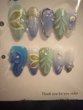 Aqua & Mint 3D Decorative Press-On Nail Set
